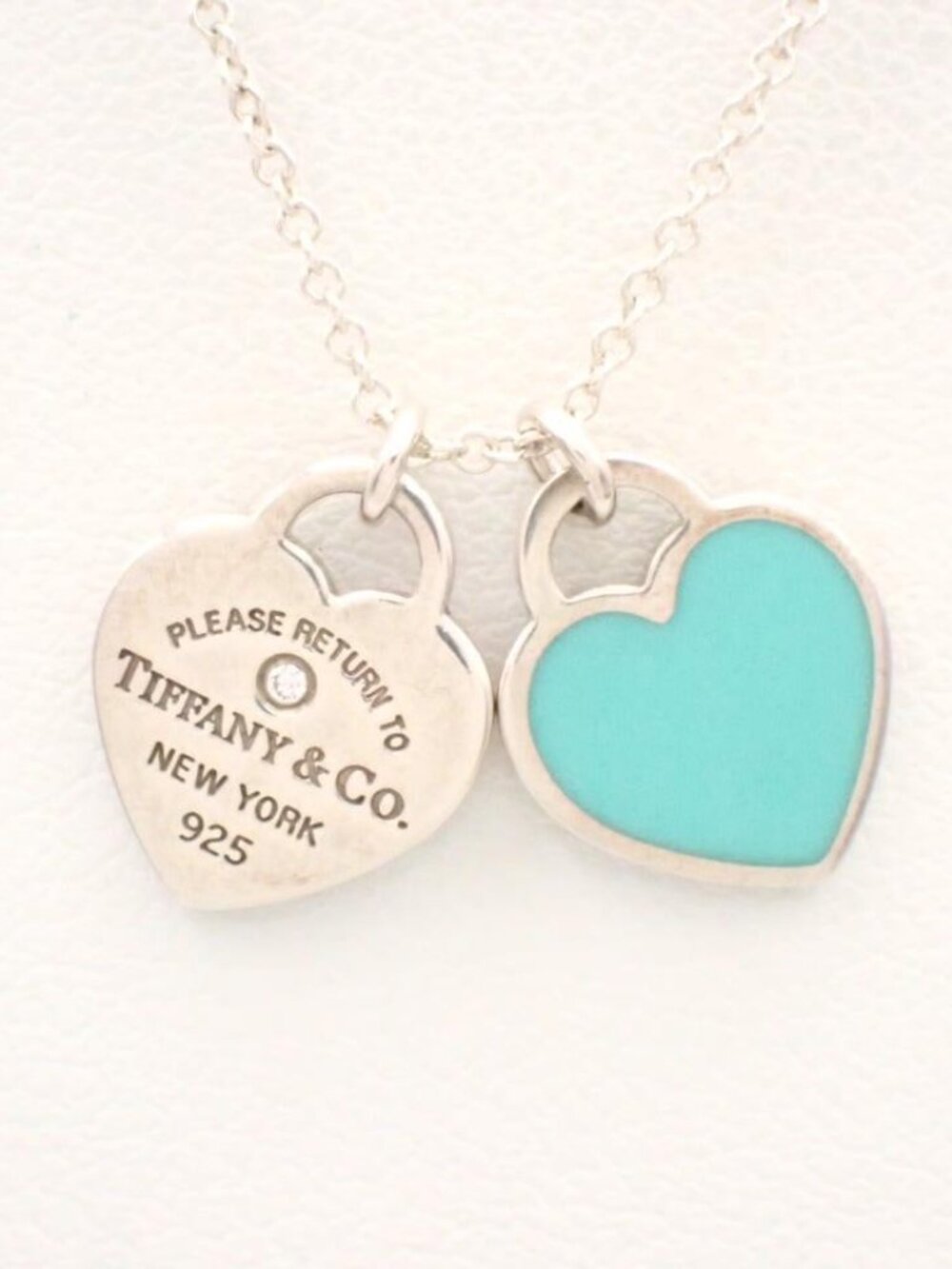Tiffany & Co. Diamond Please Return Double Heart Tag in Blue 925 18"